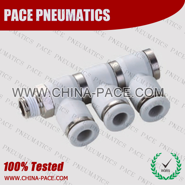 Grey White Push In Fittings Triple Universal Banjo Elbow Swivel, Composite Pneumatic Fittings, Push To Connect Fittings, polymer Air Fittings, one touch tube fittings, Pneumatic Fitting, Nickel Plated Brass Push in Fittings, pneumatic accessories.